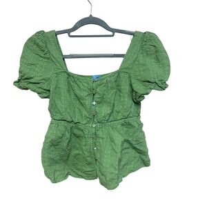 Draper James RSVP Green Eyelet Square Neck Puff Sleeve Peplum Top M Preppy